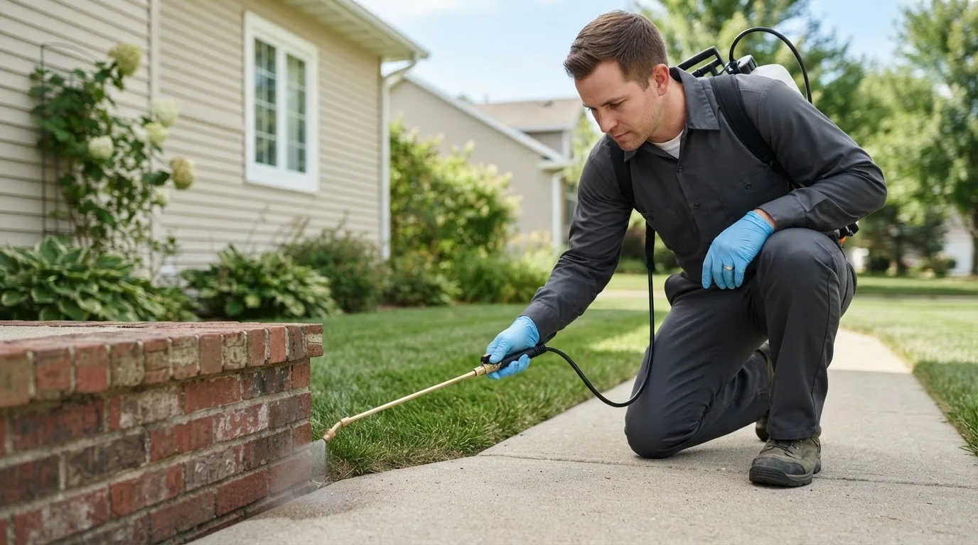 Pest control technician treating a home near Wainwright, OK